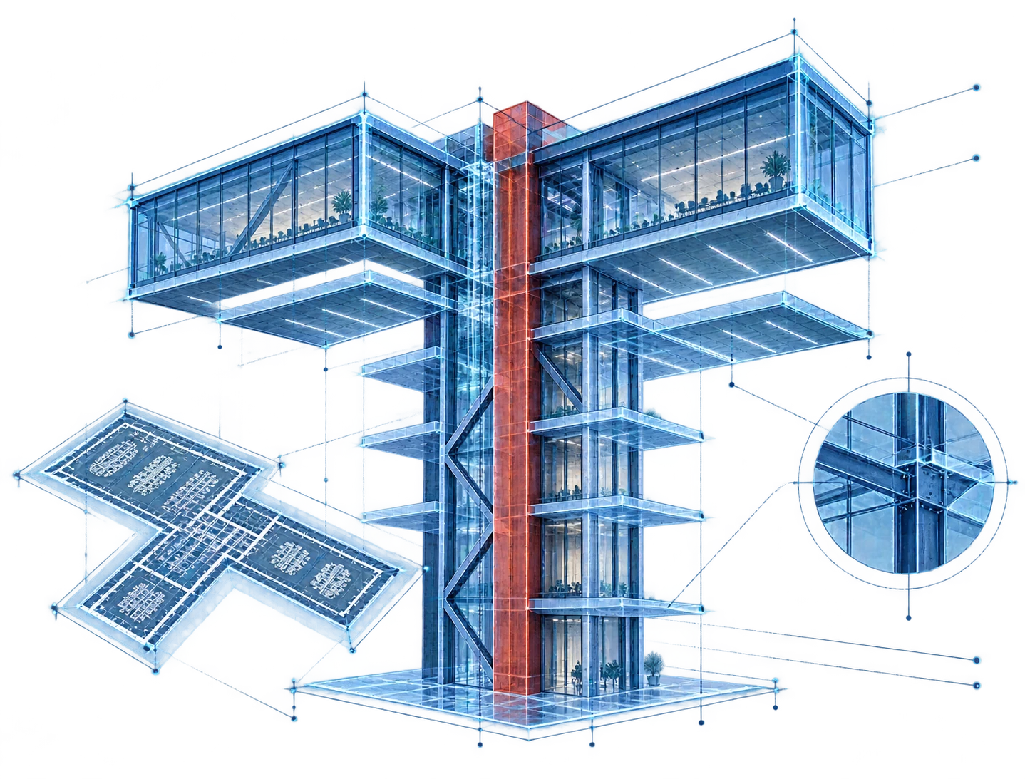 Exploded architectural study of the TAFY T-shaped building, with floating floor plates, a floor plan and a structural connection detail